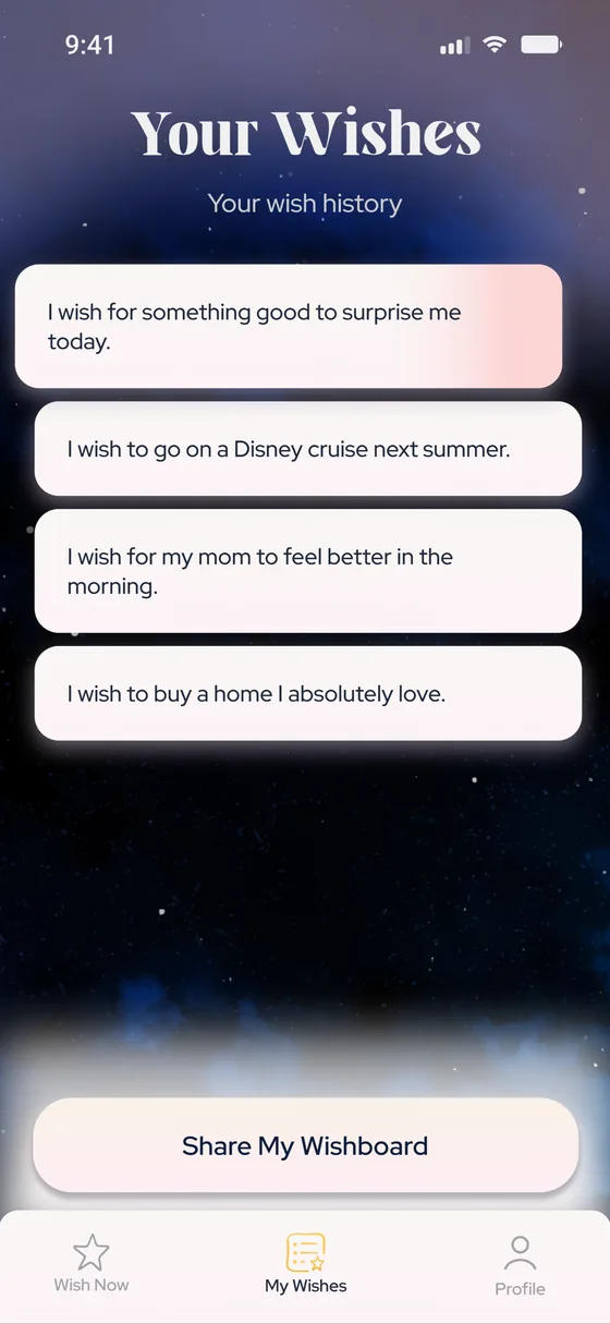 Your wishes list screen